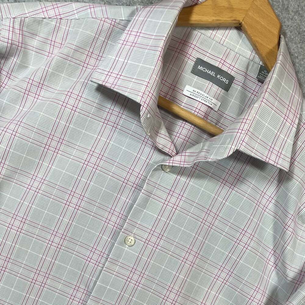 Michael Kors Men's 17 36/37 Regular Fit Airsoft Stretch Non-Iron Plaid Dress Shi